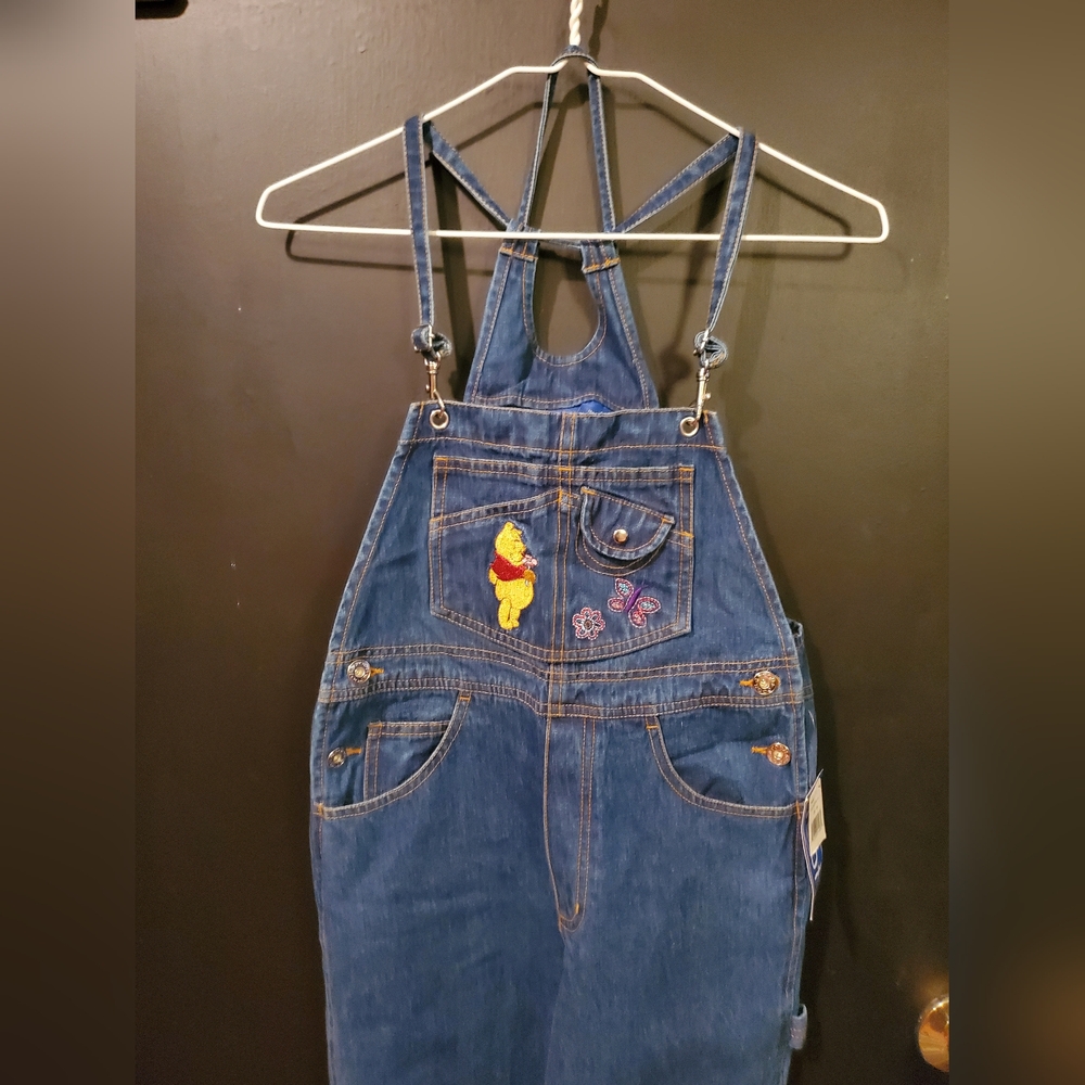Vtg 90s Winnie the pooh Disney embroidered denim bib overalls with purse sz 8